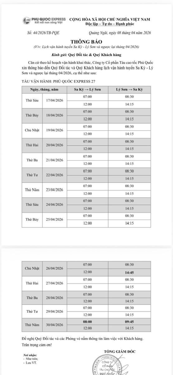 Lịch Tàu Phú Quốc Express tháng 04/2026